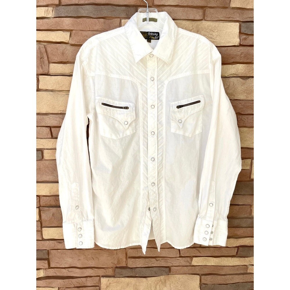 Franky Max Off-White Pearl Snap Button Cowboy Western Rockabilly Shirt Medium